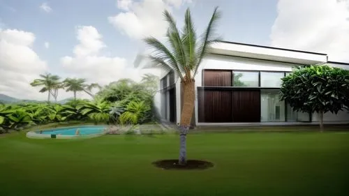 artificial grass,golf lawn,tropical house,landscape designers sydney,landscape design sydney,3d rendering,holiday villa,fan palm,modern house,feng shui golf course,home landscape,floorplan home,green lawn,garden elevation,roof landscape,residential house,core renovation,palm pasture,garden design sydney,palm field