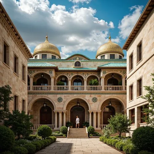 Byzantine-inspired rooftops, ornate golden domes, intricate stone carvings, grand archways, vibrant turquoise tiles, majestic bell towers, rustic copper accents, ancient Greek columns, ornamental flor