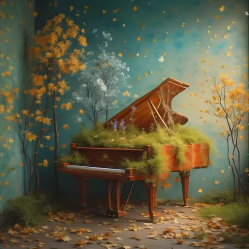 a painting of a piano next to an arrangement of trees and fallen leaves,pianoforte,concerto for piano,grand piano,the piano,autumn songs,pianola