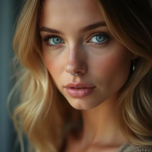 A 26 year old woman with big blue eyes and shoulder length blonde hair.  nose piercing,a girl with blue eyes has a nose ring,uliana,ksenia,valeriya,karliova,elizaveta,katharina,Photography,Fashion Pho