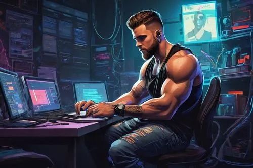 cyberpunk,man with a computer,game illustration,cyber,computer addiction,computer freak,computer,computer game,gamer zone,girl at the computer,game art,cyber crime,freelancer,computer business,gamer,neon human resources,dj,computer workstation,twitch icon,coder,Illustration,Japanese style,Japanese Style 07