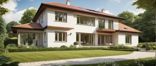 Architectural design, Hemel Hempstead, British countryside, modern villa, luxurious mansion, large windows, white stone walls, wooden door, green roof, lush greenery, surrounding trees, natural landsc