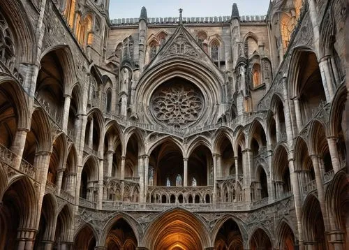 Romanesque, Gothic, church, cathedral, monastery, arches, columns, vaulted ceiling, ribbed vaults, stained glass windows, rose windows, flying buttresses, ornate carvings, sculptures, gargoyles, grote