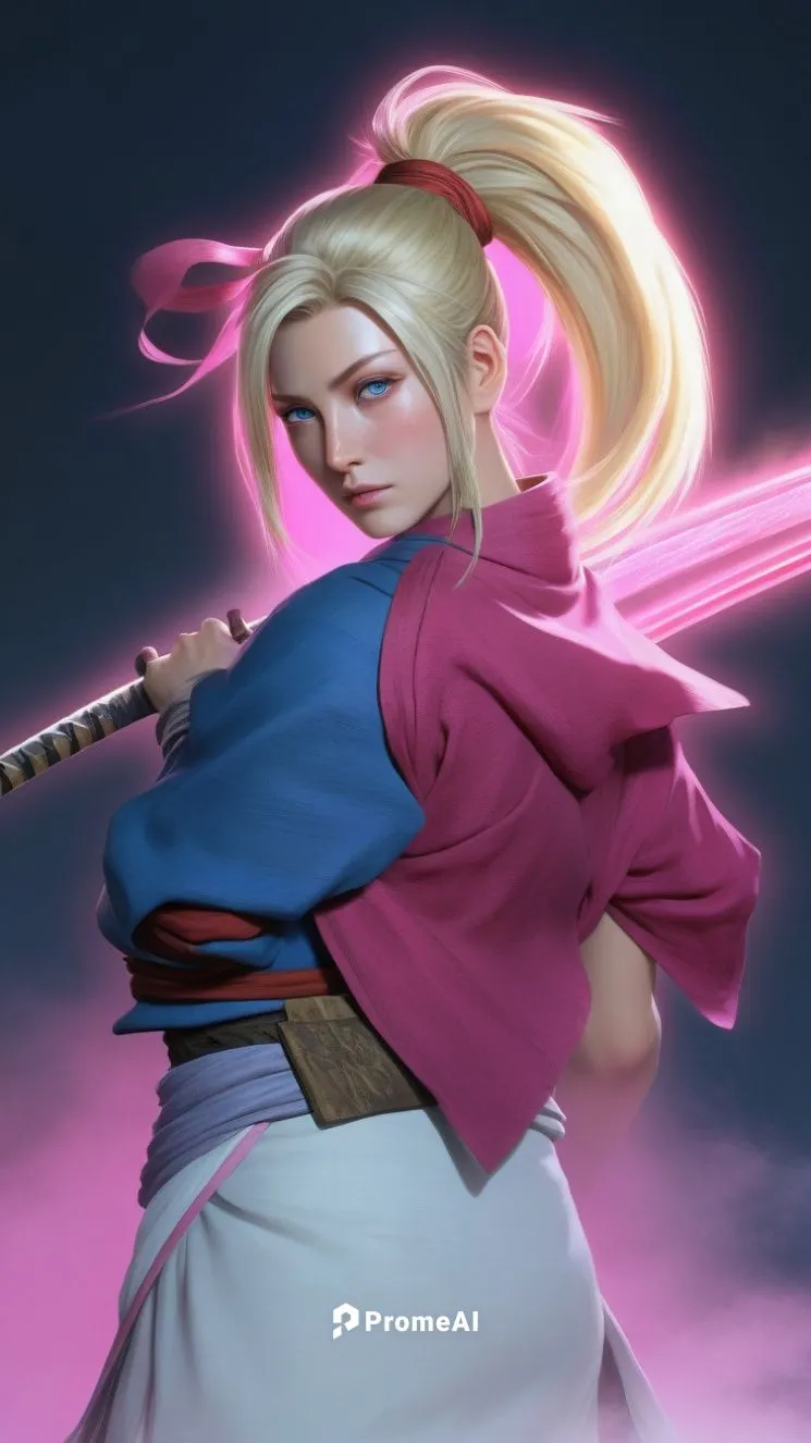 a blonde, female ninja, pink theme, blue eyes with mist radiating out of the eyes,kazama,janna,kunoichi,ino,zhixue,shunju,kobudo,kenjutsu,chun,jinchuan,sukeban,katana,karin,muramasa,hakama,swordswoman