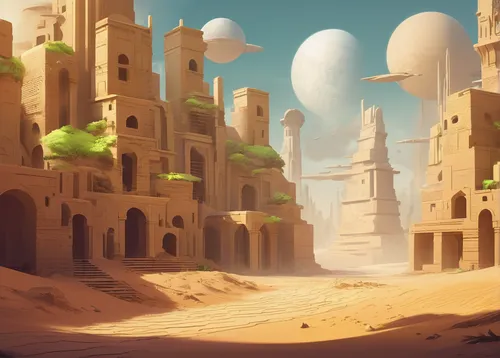 ancient city,desert landscape,stone desert,desert planet,futuristic landscape,mushroom landscape,desert desert landscape,fantasy landscape,dune landscape,ancient buildings,the desert,ruins,fantasy city,desert,alien planet,sandstorm,settlement,airships,wasteland,karnak,Conceptual Art,Fantasy,Fantasy 02