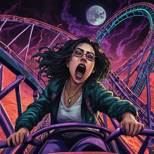 amusement park,roller coaster,sci fiction illustration,amusement ride,scared woman,luna park,high wheel,la violetta,coaster,ferris wheel,amusement,girl with a wheel,vertigo,rides amp attractions,witch driving a car,birds of prey-night,adrenaline,libra,cyclone,theme park,Illustration,Realistic Fantasy,Realistic Fantasy 47