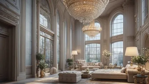 a large room filled with furniture and chandeliers,ornate room,palladianism,luxury home interior,ritzau,marble palace,palatial,Photography,General,Fantasy