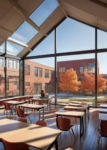 Modern architectural design school building, Pennsylvania, USA, autumn season, warm afternoon light, red brick exterior walls, large glass windows, steel frame structure, geometric shapes, clean lines