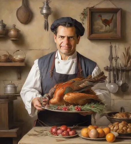 A happy Renaissance court chef proudly holds a feather-adorned roast pheasant on a platter. The cook is dressed in Renaissance clothing with rolled up sleeves. In the background is a medieval kitchen 