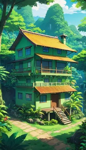 teahouse,ryokan,forest house,house in the forest,ghibli,studio ghibli,dojo,kazoku,ryokans,yamashiro,teahouses,kanto,ancient house,wooden house,kyoto,home landscape,summer cottage,yoshikuni,japanese background,golden pavilion,Illustration,Japanese style,Japanese Style 03