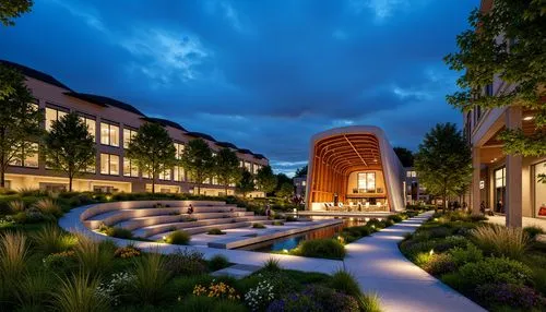 Vibrant performing arts center, lush green lawns, blooming flowers, meandering walkways, outdoor amphitheater, natural stone seating, wooden benches, modern architecture, large glass windows, sleek me