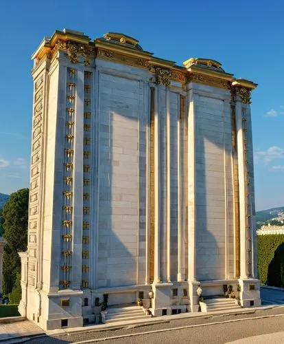 a tall white tower sitting on the side of a road,palais de chaillot,marble palace,caserta,doric columns,greek temple,triumphal arch,Photography,General,Realistic