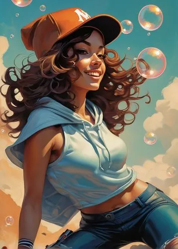 girl with speech bubble,annabeth,bubble blower,water pearls,santigold,clementine,hausser,bubble,welin,sci fiction illustration,comic book bubble,buoyant,world digital painting,throwing hats,water balloons,bubble mist,wet water pearls,mckelvie,ballcap,bubble gum,Conceptual Art,Oil color,Oil Color 04