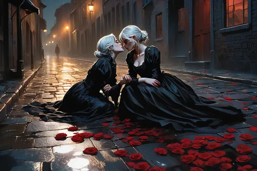 fallen petals,black rose,romantic portrait,seerose,way of the roses,romantic rose,romantic scene,lover's grief,a200,with roses,rose petals,scent of roses,red roses,fallen flower,red rose,petals,of mourning,romantic night,red rose in rain,love letter,Conceptual Art,Oil color,Oil Color 04