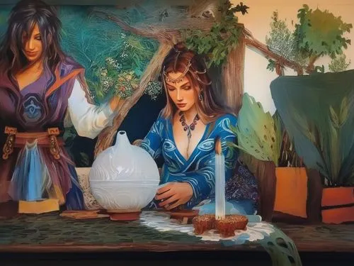 iranian nowruz,agua de valencia,persian norooz,wishing well,khokhloma painting,pouring tea,ball fortune tellers,novruz,watercolor tea shop,fantasy picture,candlemaker,potions,jasmine,nowruz,fortune te