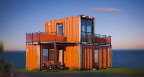 a simple modern home made of shipping container, with glass balcony, two lawn chairs, orange paint scheme,a small, orange container house on a hill near the ocean,shipping container,cube stilt houses,