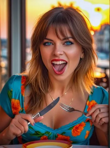 a portrait half body of a beautiful latina blue eyes. brown hair open mouth whit a knife in the right hand and a  fork in your left hand wearing a colorful dress sitting in a chair in a restaurant in 