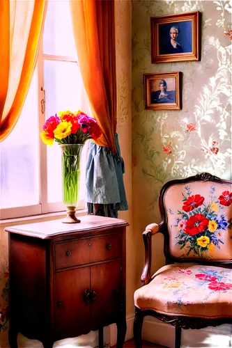 photo painting,danish room,flower painting,the little girl's room,sitting room,antique background,victorian room,watercolor background,anteroom,floral chair,sewing room,vintage wallpaper,interior decor,interior decoration,art painting,housedress,colored pencil background,paintings,vintage flowers,home corner,Conceptual Art,Oil color,Oil Color 25