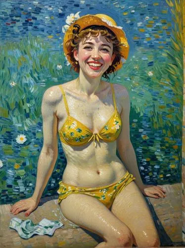 Bathing beauty, smiling. Let the motif appear as a French impressionist painting as if it had been painted by Vincent van Gogh.,a painting of a woman with bikini and a sunhat,domergue,yasumasa,enza,ko