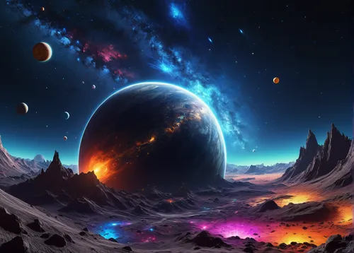 space art,alien planet,planets,alien world,fantasy landscape,astronomy,lunar landscape,planet eart,exoplanet,outer space,starscape,fantasy picture,futuristic landscape,scene cosmic,planet,universe,celestial bodies,planetary system,colorful star scatters,space,Conceptual Art,Oil color,Oil Color 07