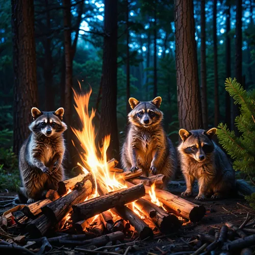 racoons,raccoons,campfire,forest animals,bonfires,campfires