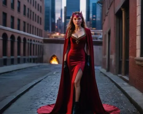 Make her full body, with a modern futuristic victorian medieval low-cut sleeveless long dress, red colored, a scarlet colored fine silk cloak and a dark red leather boots. The background is an old bui