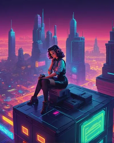 cyberpunk,synth,cybertown,neuromancer,cyberpunks,cyberworld,cybercity,shadowrun,neon lights,cityscape,neon light,cyberscene,cyberia,sci fiction illustration,futurepop,above the city,colorful city,neon human resources,80's design,synthpop,Illustration,Retro,Retro 10