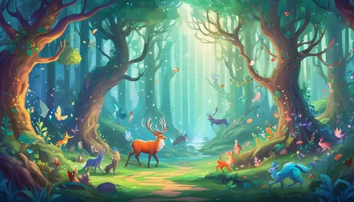 Craft pixelated art depicting a whimsical forest filled with magical creatures.,fairy forest,elven forest,enchanted forest,fairytale forest,forest of dreams,forest glade,forest path,the forest,forest 