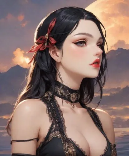 a painting of a woman with red lips wearing black clothing and a tattoo style bow,bdo,qianwen,tifa,bns,eliza,diaochan