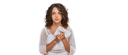 Sympathetic woman, gentle face, soft smile, comforting eyes, warm skin tone, curly brown hair, subtle makeup, white blouse, loose sleeves, flowing skirt, delicate hands, holding a handkerchief, emotio