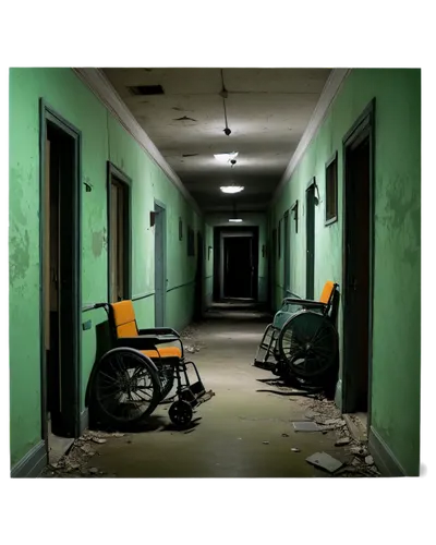 Creepy atmosphere, abandoned asylum setting, dimly lit corridor, eerie shadows, old broken wheelchairs, peeling walls, flickering fluorescent lights, distant screams, creaking doors, haunted whispers,