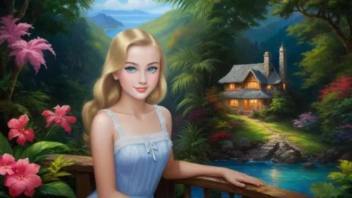 Romantic masterpiece oil painting, beautiful girl portrait, nostalgic 1950's style kitsch, vibrant rainforest, mountaintop cottage landscape, lush tropical jungle paradise, summer beach scenery, by Th