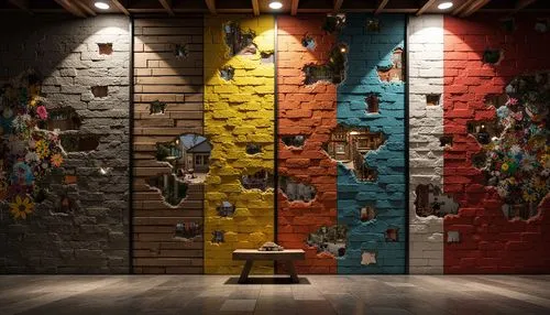 Vibrant colored brick walls, rugged concrete textures, metallic grids, irregular stone patterns, bold abstract murals, distressed wood accents, eclectic mix of materials, playful use of mirrors, fragm