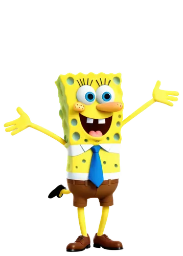 SpongeBob SquarePants, cartoon character, yellow skin, porous body, bright blue eyes, optimistic facial expression, wearing white shirt with blue tie, brown square pants, excited pose, dynamic movemen