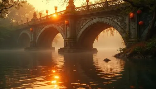 Golden bridge, majestic arches, intricate ironwork details, sunset warm light, golden hue reflecting off water, riverbank, lush greenery, vines crawling up pillars, lanterns hung under bridge, soft mi