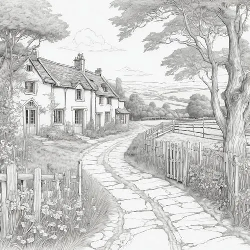 ludgrove,cottages,wingrave,cotherstone,darrowby,holdgate,Illustration,Black and White,Black and White 13