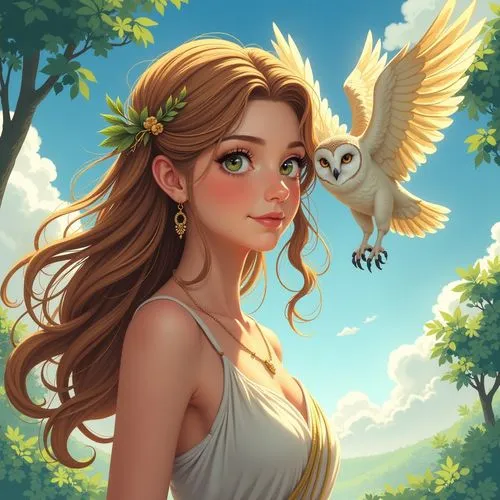 Teenage Girl, Athena, greek goddess, owl flying around her, following the owl with her view, flowy hair, natural tunes of colour,a beautiful young lady and an owl flying over her,anjo,diwata,fantasy p