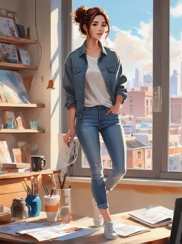 girl studying,girl at the computer,study,office worker,sci fiction illustration,world digital painting,blur office background,librarian,cg artwork,sprint woman,girl drawing,working space,illustrator,freelancer,digital painting,desk,office desk,girl sitting,work from home,study room,Unique,Design,Character Design