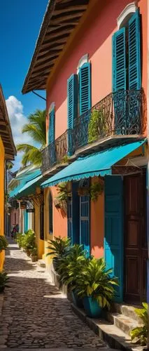 Barbados architecture, colorful buildings, British colonial style, coral stone walls, wooden shutters, steeply pitched roofs, ornate balconies, intricate stonework, vibrant tropical plants, palm trees