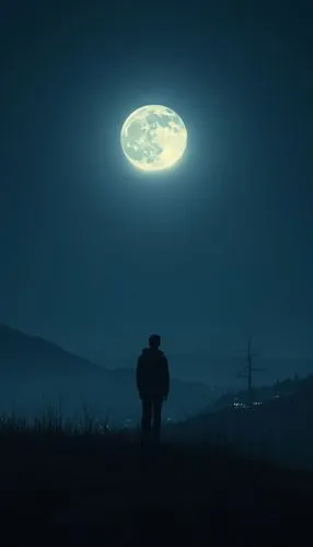 a person standing on a hill at night,moonwalked,moonlit night,moonlighters,moonlight,moonwalks,moonlit,Photography,General,Realistic