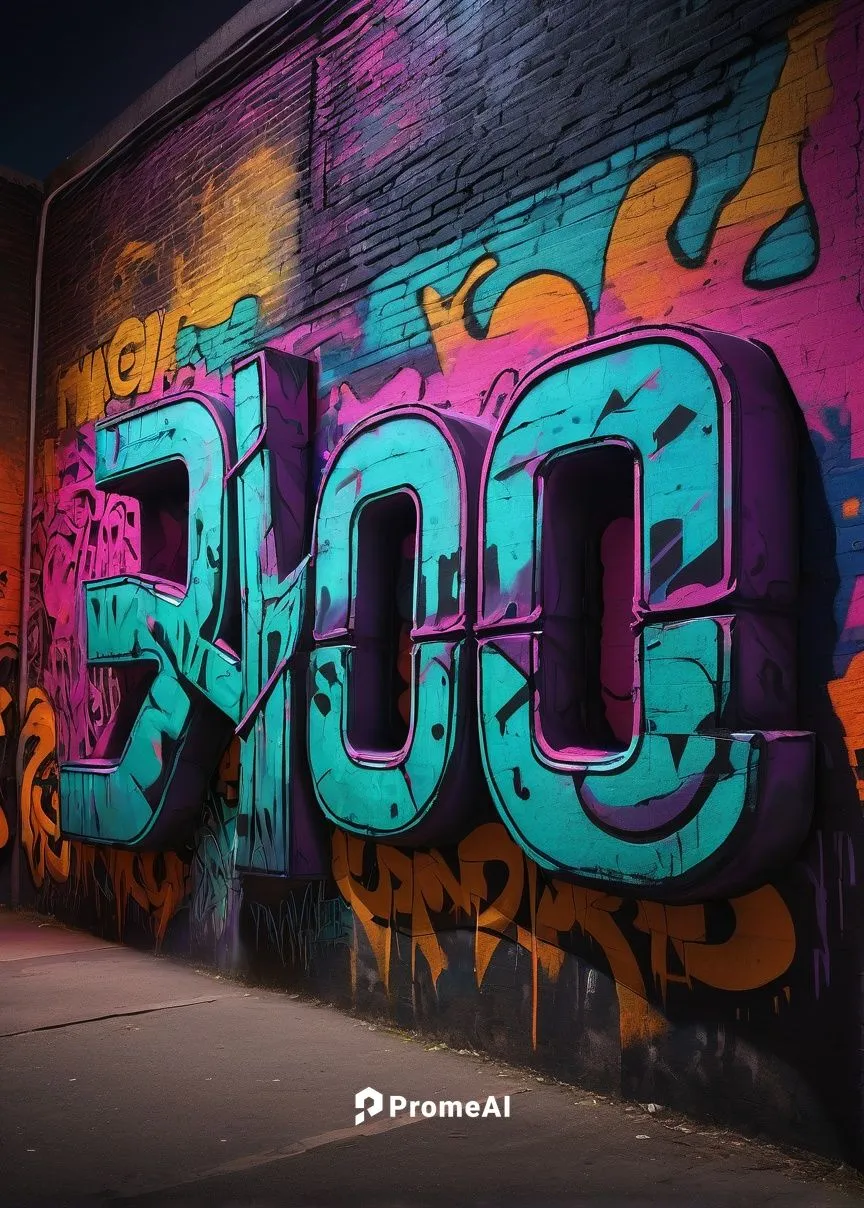 Urban graffiti generator, vibrant colors, stylized letters, abstract shapes, street art, city wall, urban decay, rugged texture, bold font, 3D effects, neon lights, night scene, atmospheric fog, dynam