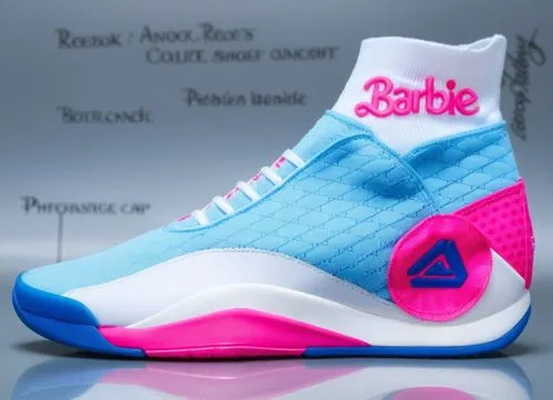 Blue, pink, and white sock upper, pink ankle collar, Barbie name, pink toe cap,  white mid sole, blue outsole, nylon patch Reebok logo,Reebok Angel Reese custom Barbie game shoe.,basketball shoes,pair