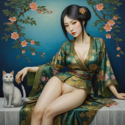 japanese art,oriental painting,hoshihananomia,oriental girl,cheongsam,oriental princess,japanese woman,geisha girl,yasumasa,sichuanese,suzong,miao,oriental,wenhao,wenzhao,japanese doll,jianying,xueying,yanzhao,zuoying,Illustration,Realistic Fantasy,Realistic Fantasy 08