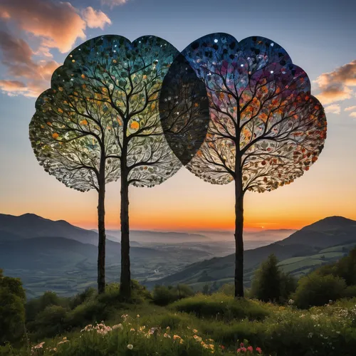 Double exposition Humain - Nature, arbres, fleurs, montagne, coucher de soleil, esprit nature, art créatif expressif, concept art surréaliste, paysage éthéré dans un nuage de magie sortant du sommet d