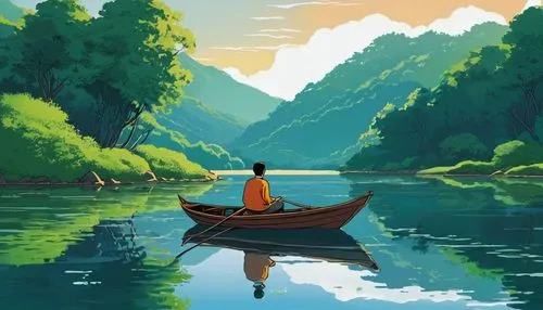 Illustrate a man on a small boat floating peacefully on a calm river. The man should be seated or standing in the boat, wearing casual or outdoor clothing, with a relaxed or contemplative expression. 