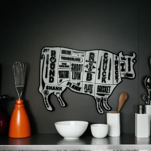 Ornament on the wall of a minimalist kitchen, with accessories such as knives, ladles, and a set of kitchen utensils,dish rack,kitchen utensils,kitchen utensil,domestic pig,kitchenware,kitchen tools,m