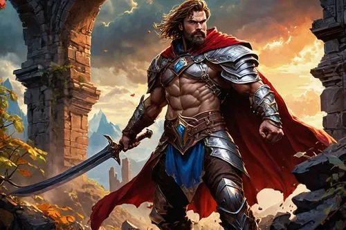 Epic fantasy warrior, muscular male, 30yo, rugged beard, messy brown hair, piercing blue eyes, scar above left eyebrow, intricate armor, silver shoulder pads, crimson cape, worn leather boots, sword i