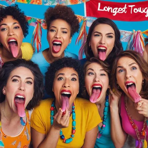 An amusing group photo of women gathered for the "Longest Female Tongue Challenge." The women are laughing and sticking out their tongues, each trying to prove whose tongue is the longest. The backgro