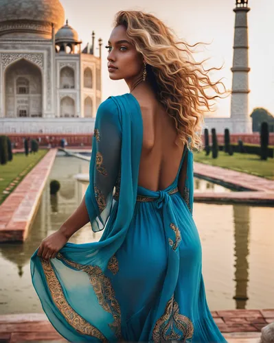 Rear view photo of a woman with a mix of European and African American mix, bright blue eyes, caramel-toned skin, blond short wavy hair. She is wearing maxi dress . Wind is blowing. Silkscarf in the w