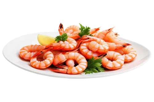 Delicious plate, seafood dish, multiple prawns, garnished with lemon, parsley, and garlic, white ceramic plate, shiny surface, studio lighting, close-up shot, shallow depth of field, vibrant colors, h